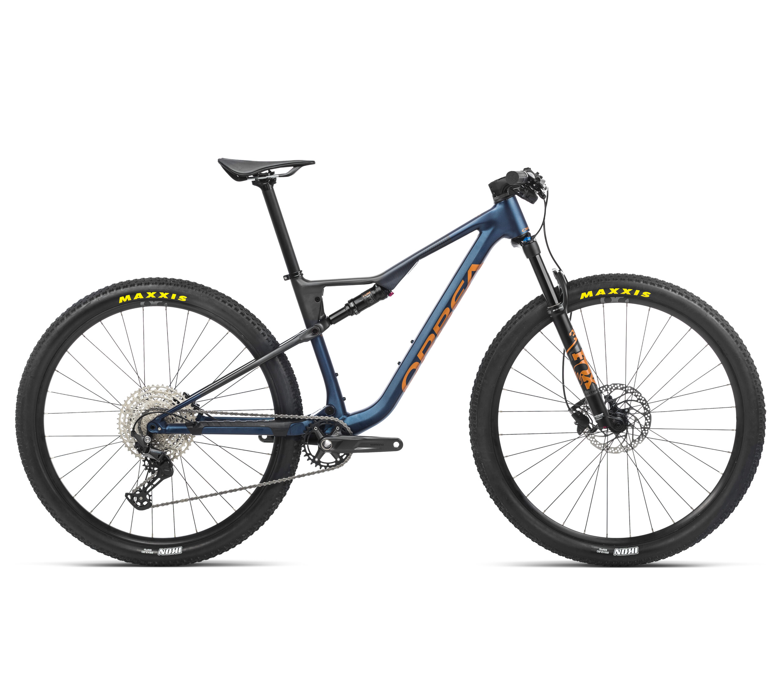 "Bicicleta Orbea Oiz H30 2023 de montaña con cuadro de aluminio pulido, horquilla Fox 32 Float Rhythm, amortiguador trasero Fox i-line DPS, transmisión Shimano Deore de 12 velocidades y frenos hidráulicos Shimano MT201. Ideal para rally y cross-country."