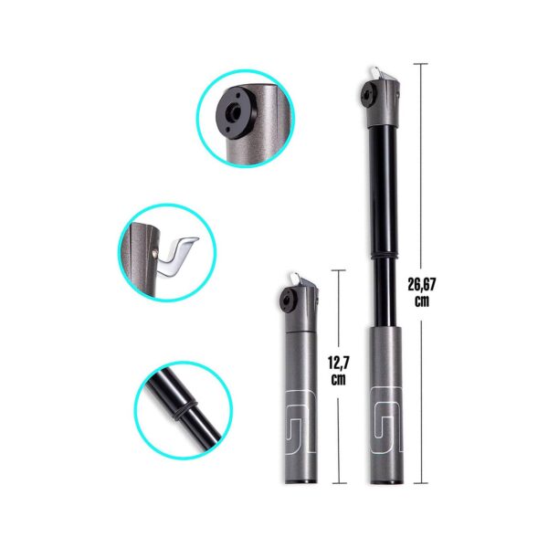 La Bomba Mini Inflador Telescópica Giyo GM-04LT es una herramienta compacta y de alta calidad diseñada para ofrecer un inflado rápido y eficiente en tus rutas. Fabricada en aluminio CNC, es ligera, resistente y perfecta para ciclistas que buscan una bomba portátil para llevar en sus salidas.