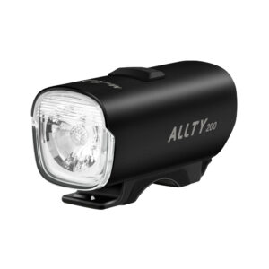 "Luz delantera Allty 200 para bicicleta con 200 lúmenes, modos de brillo y flash, iluminación lateral, batería de 900mAh, carga rápida USB-C y resistencia al agua IPX6."