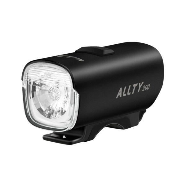 "Luz delantera Allty 200 para bicicleta con 200 lúmenes, modos de brillo y flash, iluminación lateral, batería de 900mAh, carga rápida USB-C y resistencia al agua IPX6."
