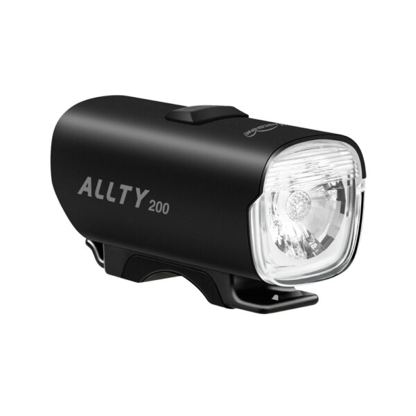 "Luz delantera Allty 200 para bicicleta con 200 lúmenes, modos de brillo y flash, iluminación lateral, batería de 900mAh, carga rápida USB-C y resistencia al agua IPX6."