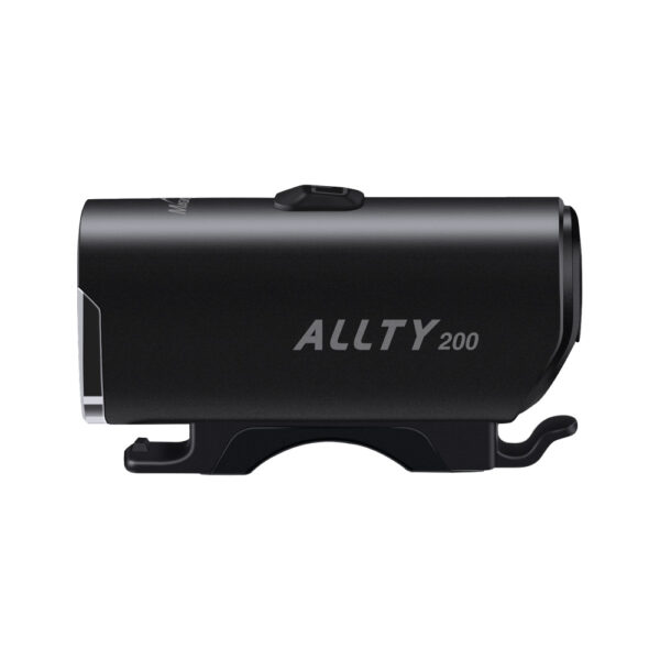 "Luz delantera Allty 200 para bicicleta con 200 lúmenes, modos de brillo y flash, iluminación lateral, batería de 900mAh, carga rápida USB-C y resistencia al agua IPX6."