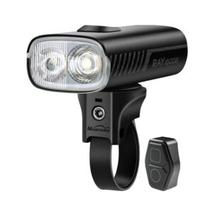 "Luz delantera Magicshine Ray 1600B con diseño compacto, doble LED de alta potencia y mando inalámbrico. Ideal para ciclismo urbano, de carretera y montaña."