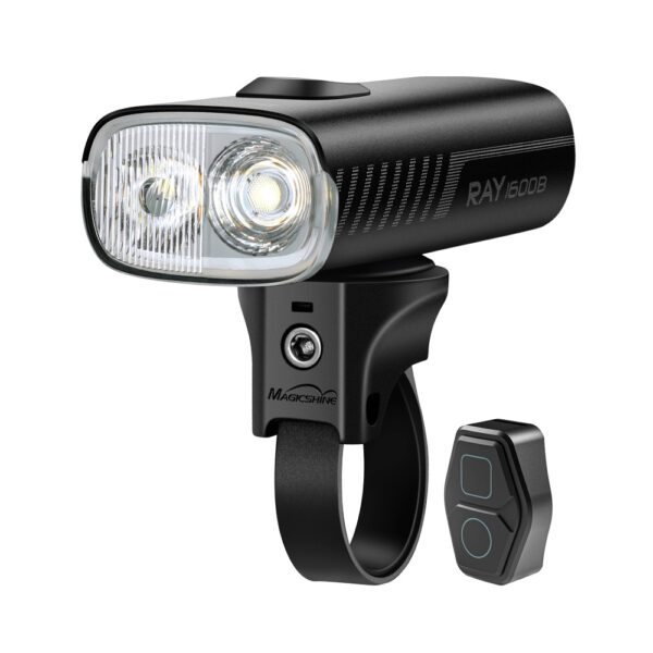 "Luz delantera Magicshine Ray 1600B con diseño compacto, doble LED de alta potencia y mando inalámbrico. Ideal para ciclismo urbano, de carretera y montaña."
