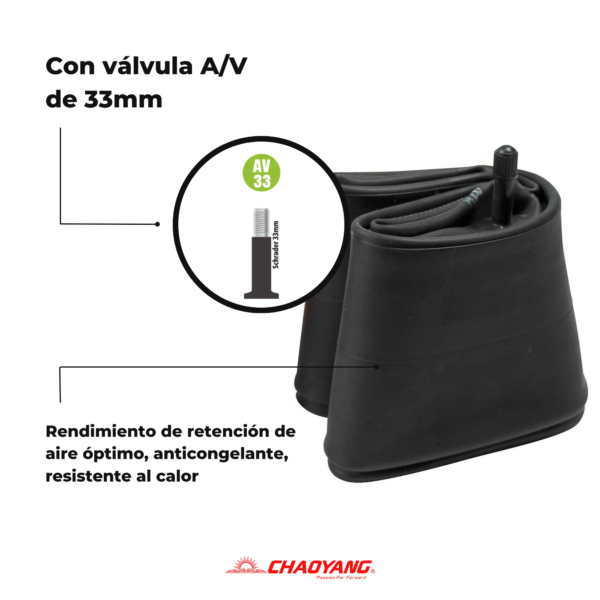 La 🛞 Cámara Chaoyang 16″ x 1,50/1,75 con válvula A/V de 33 mm es ideal para mantener tu bicicleta 🚲 lista para cualquier aventura. Compatible con neumáticos de 1.50 a 1.75, esta cámara ofrece una gran resistencia y durabilidad 💪. Su válvula A/V de 33 mm es perfecta para un inflado rápido y fácil 🚀. ¡No dejes que un pinchazo te frene! Disfruta de un rendimiento óptimo y la máxima seguridad en cada ruta 🌟.