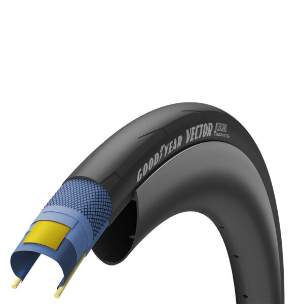 "Cubierta Goodyear Vector 4Seasons Tubeless Complete™ para carretera, con tecnología avanzada para retención de presión, rendimiento todo el año y compatibilidad con llantas Tubeless y ‘Hookless’."