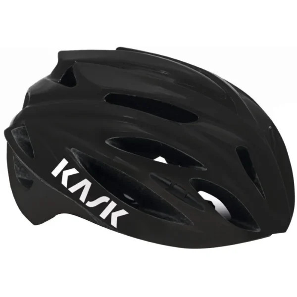 "Casco Kask Rapido en color negro, diseño aerodinámico con 24 ventilaciones, sistema Up'N'Down y tecnología MIT, ideal para ciclismo de carretera y MTB."