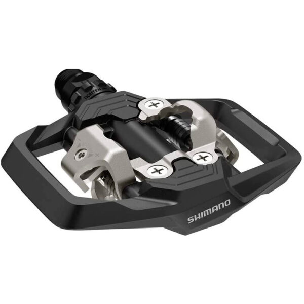 "Pedales Shimano PD-ME700 automáticos, compatibles con SPD, diseño robusto y amplio para enduro, trail y all-mountain, incluyen calas SM-SH51."