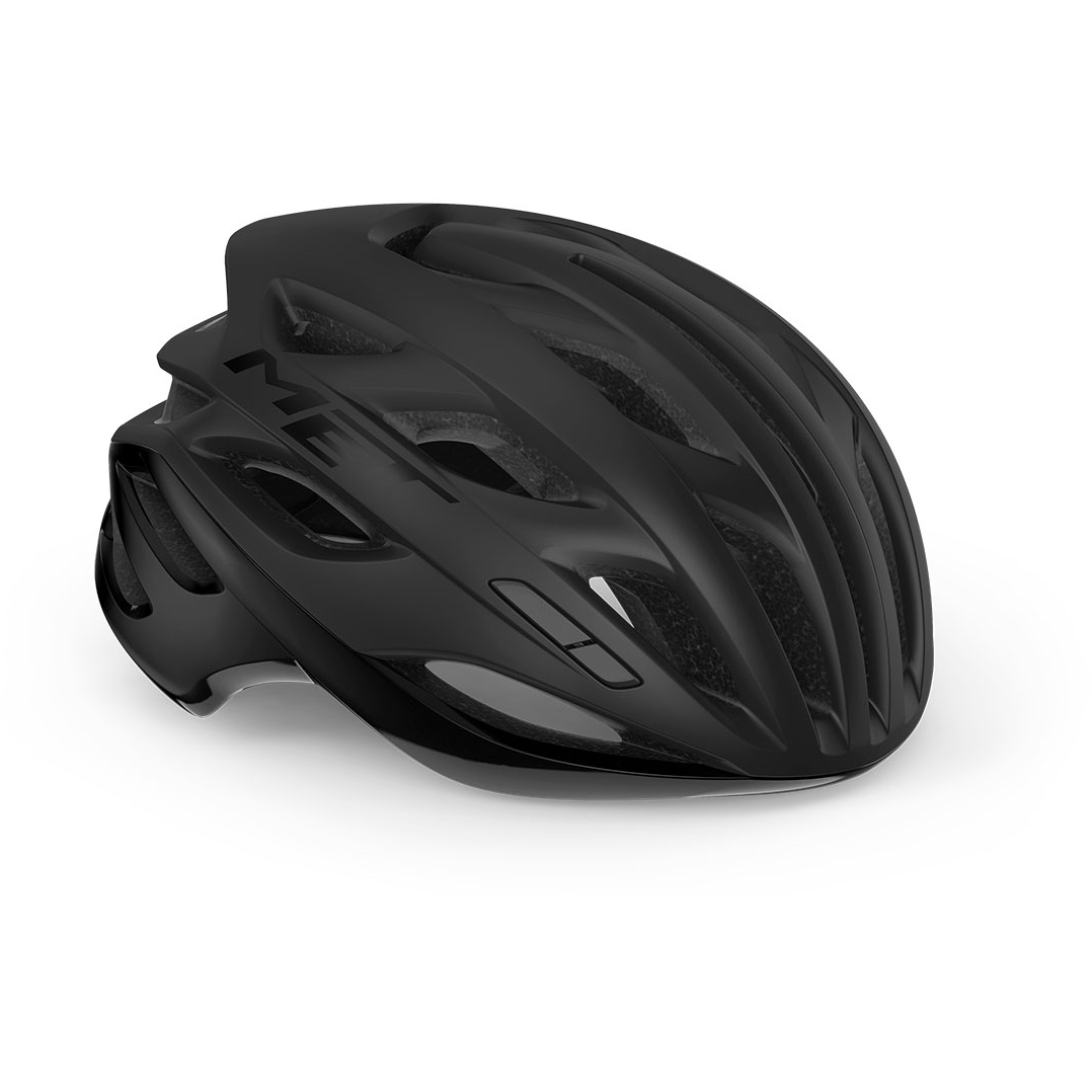 "Casco MET Estro MIPS en color negro mate y brillante, con tecnología MIPS, 26 ventilaciones y diseño aerodinámico para ciclismo de carretera."