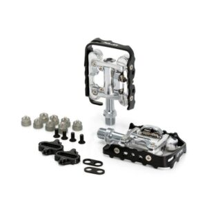 "Pedales mixtos XLC PD-S02 con diseño de doble cara, un lado automático compatible con SPD y otro lado plano, ideales para ciclismo urbano, trekking y MTB."