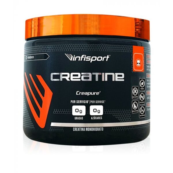 Bote de Creatina Infisport Creapure® 300g, suplemento de creatina monohidratada para mejorar rendimiento, fuerza, resistencia y masa muscular.