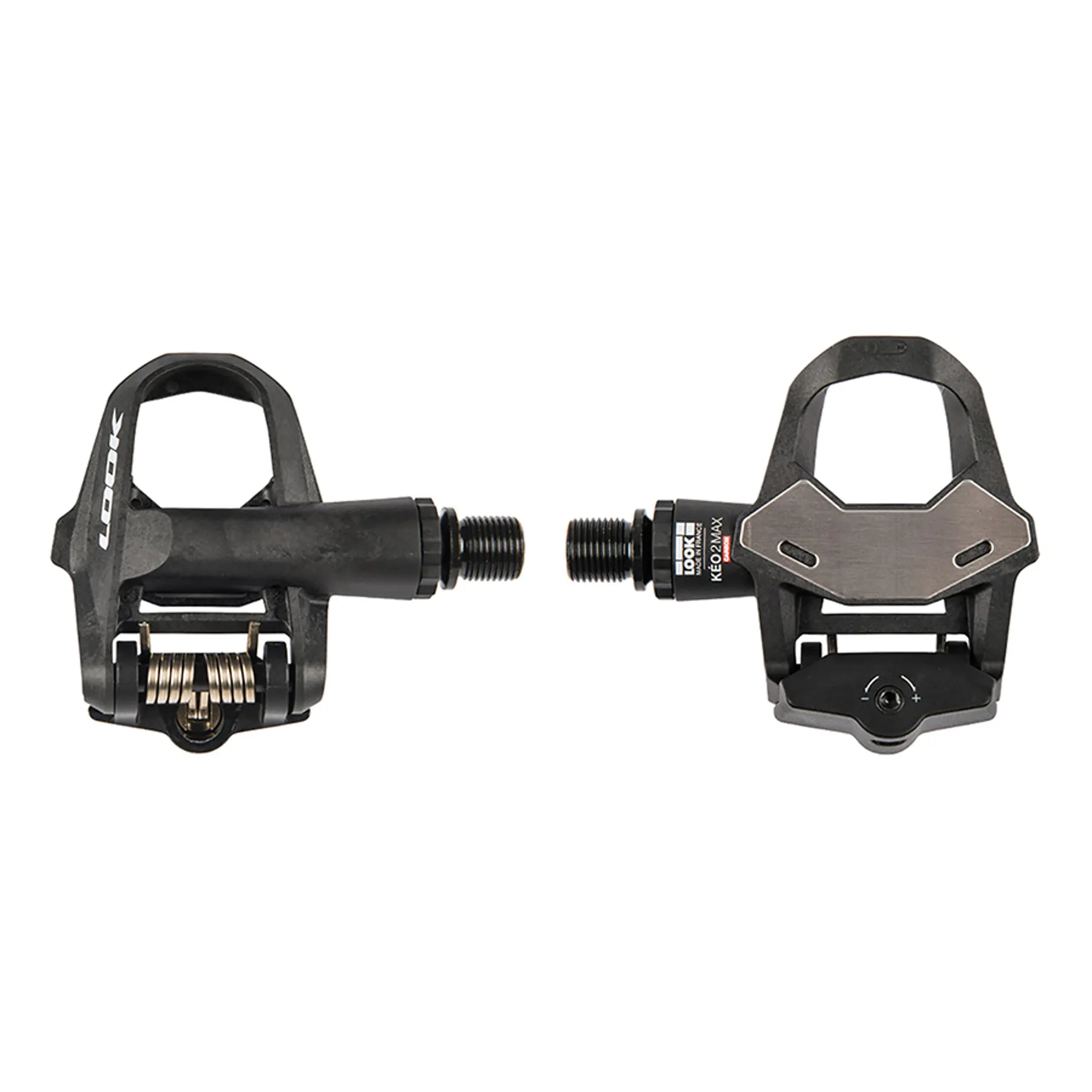 Pedales Look Kéo 2 Max 2018 negros, con cuerpo de composite, eje de Chromoly+, lámina de acero inoxidable, ajuste de tensión y superficie de contacto de 500 mm², ideales para ciclismo de carretera.