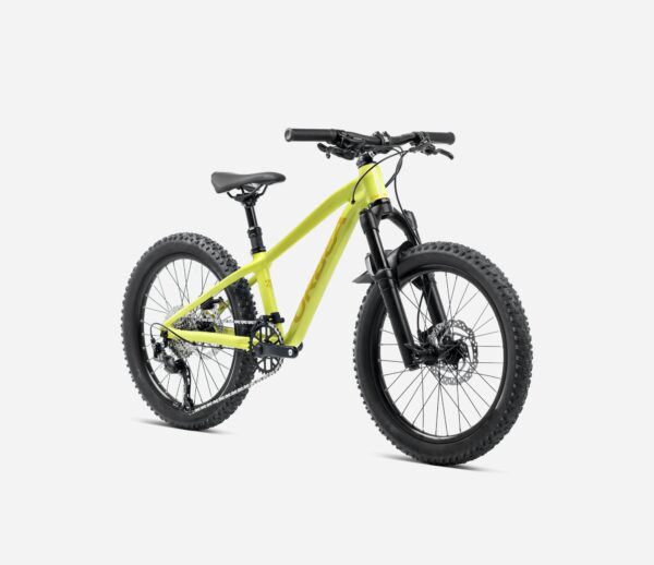 Bicicleta infantil Orbea Laufey 20, MTB con cuadro de aluminio 6061, horquilla Manitou Machete Junit Comp de 100mm, transmisión Shimano Altus de 9 velocidades, frenos hidráulicos Clarks M2, ruedas Mach1 Klixx Tubeless Ready y cubiertas Schwalbe Rocket Ron 20x2.25.