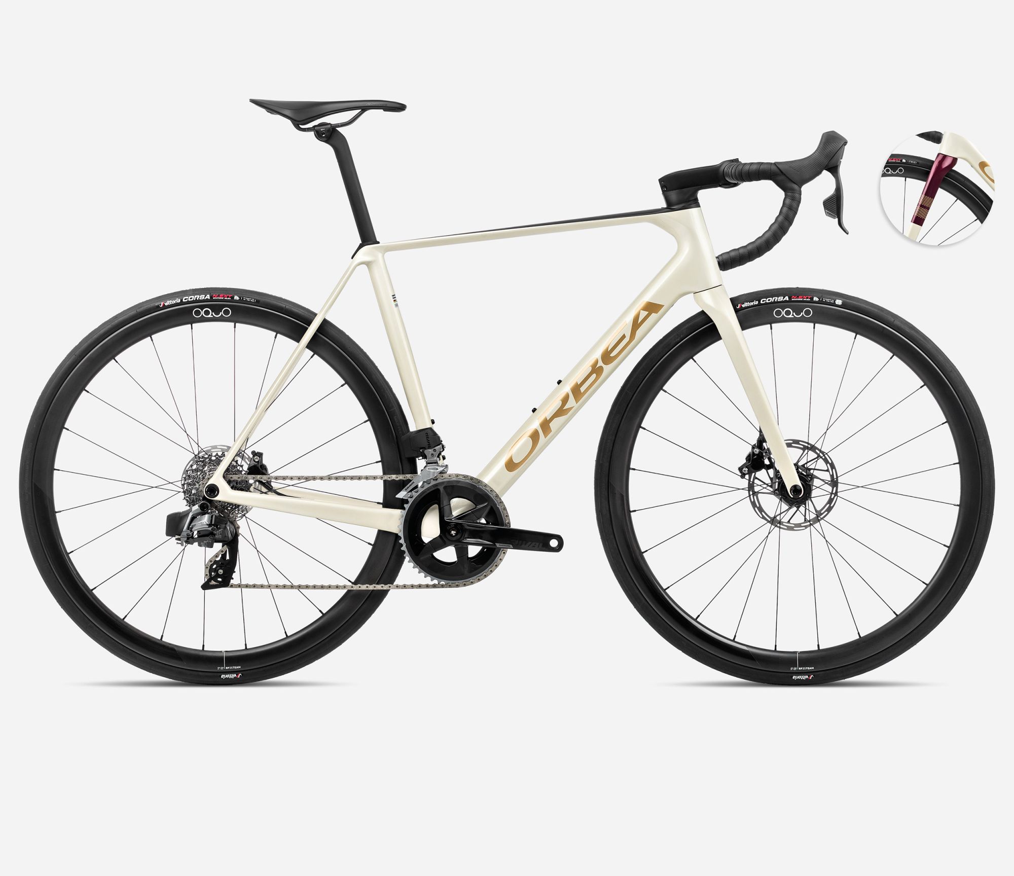 Bicicleta Orbea Orca Carbon OMR 2024 con SRAM Rival eTap AXS, frenos de disco, ruedas Oquo RP35PRO y cubiertas Vittoria Corsa N.Ext G2.0.