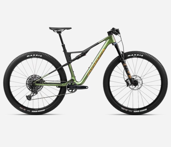 Bicicleta de montaña Orbea Oiz M21 con cuadro de carbono OMR, suspensión Fox SL Performance, transmisión SRAM GX Eagle 12 velocidades, frenos Shimano M6100, ruedas de 29 pulgadas y tija telescópica, ideal para XC y maratón.