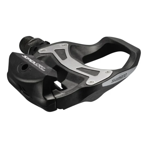 "Pedales Shimano PD-R550 SPD-SL para carretera, con cuerpo de composite, eje de acero Chromoly y superficie de contacto extragrande para mayor estabilidad y eficiencia."