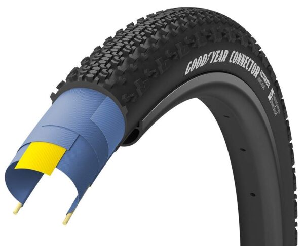 "Cubierta Goodyear Connector Tubeless Ready para MTB, con excelente tracción, rendimiento en terrenos difíciles y tecnología anti-pinchazos."