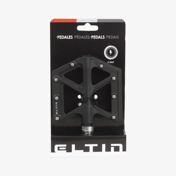 Pedales Eltin Plataforma Pro para MTB y e-bikes, con cuerpo de carbono composite, rodamientos de cromo y grips antideslizantes para mayor sujeción.