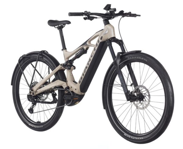 Bicicleta eléctrica Bianchi e-Vertic FT-Type con motor Bosch Performance Line CX, batería Bosch Powertube 750Wh, suspensión RockShox y transmisión Sram SX Eagle