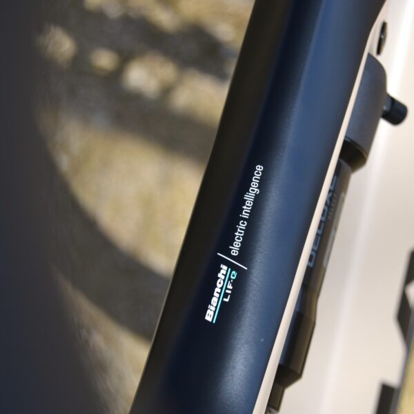 Bicicleta eléctrica de montaña Bianchi E-Vertic FX-Type con doble suspensión, motor central integrado y neumáticos Schwalbe Nobby Nic, estacionada en un entorno rural.