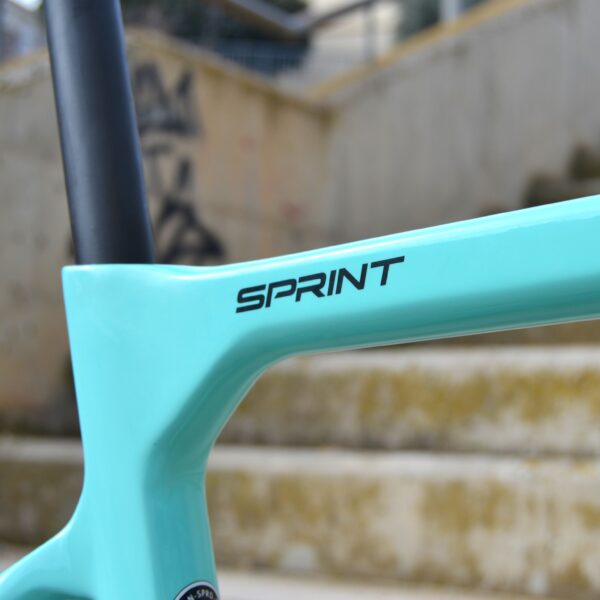 "Bicicleta Bianchi Sprint Disc Carbon Monocoque con cuadro de carbono, grupo Shimano 105 Di2, y ruedas Velomann VR30, diseñada para alto rendimiento y estilo."