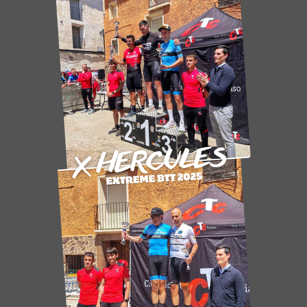 Participantes en el podio de la X Hércules Extreme Moncayo BTT, celebrando los resultados con trofeos y sonrisas.