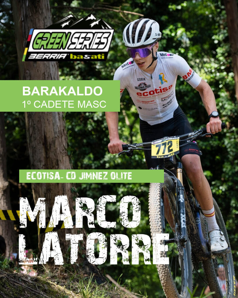 Turiasonense Marco Latorre pedaleando con intensidad en un tramo técnico del circuito de la Barakaldo Green Series XC, montado en su bicicleta Orbea Oiz, con el dorsal visible y rodeado de naturaleza y público.