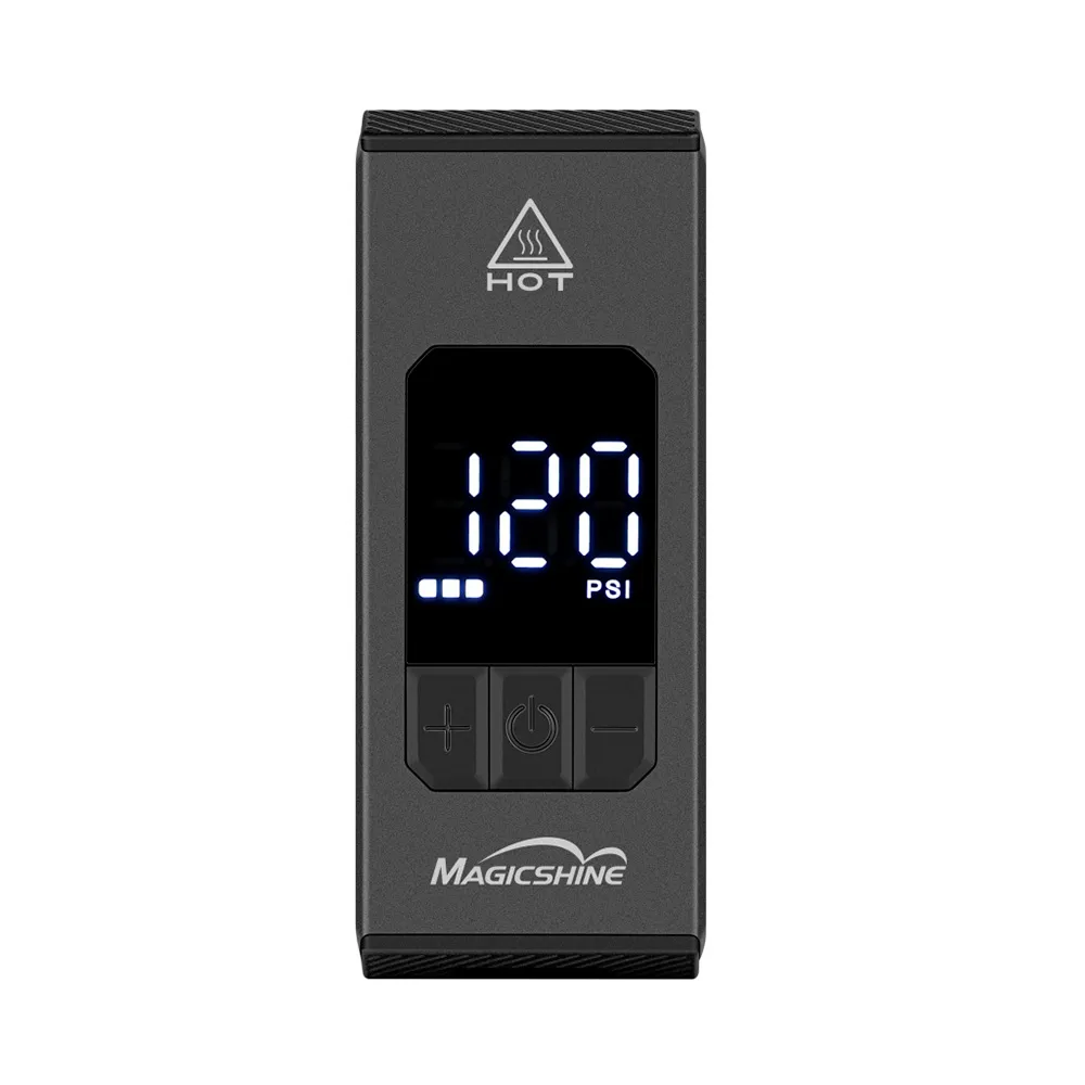 Compresor eléctrico compacto y ligero (145 g) con motor brushless, precisión ±1,5 PSI, hasta 120 PSI y carga rápida USB‑C. Incluye adaptadores Presta/Schrader, bolsa y accesorios—ideal para inflar sobre la marcha.